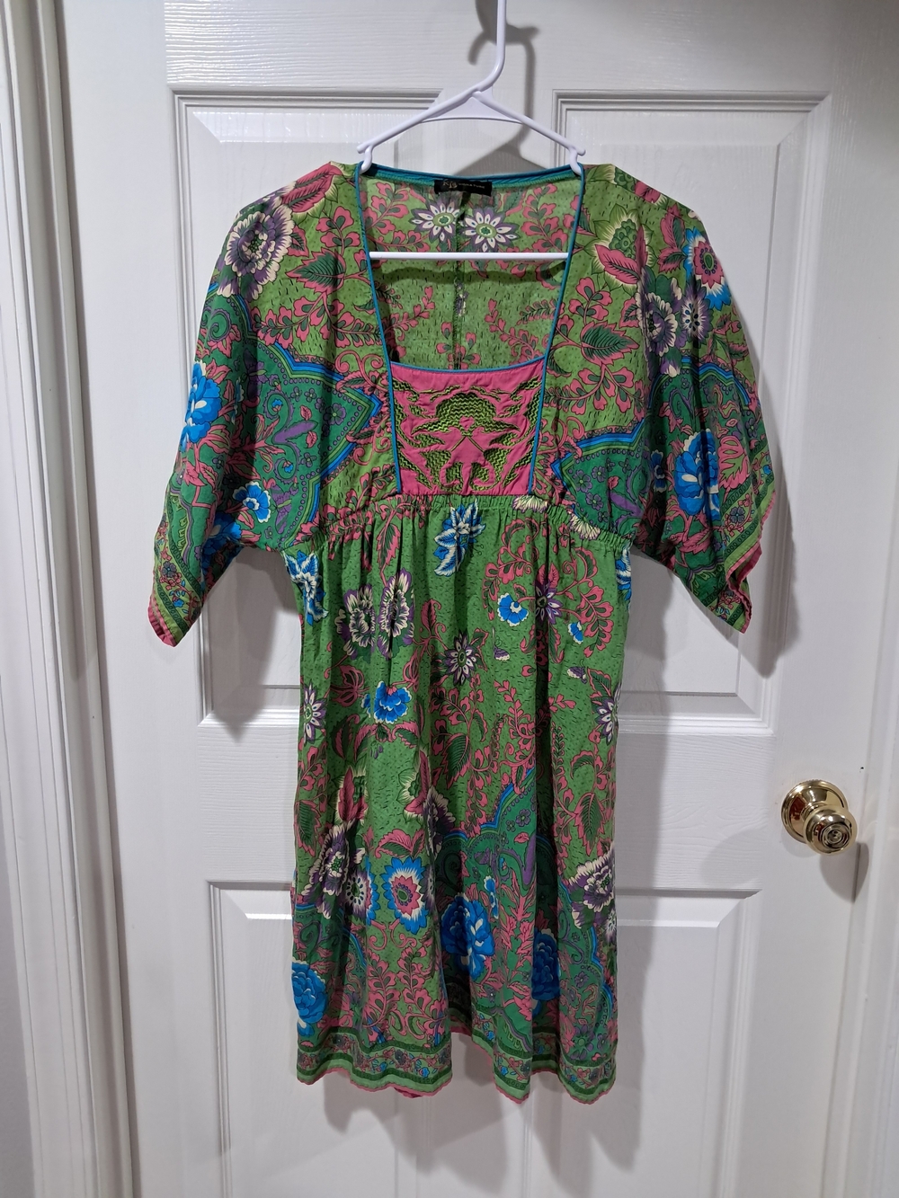 Green Floral Boho Tunic Dress with Pink & Blue Accents